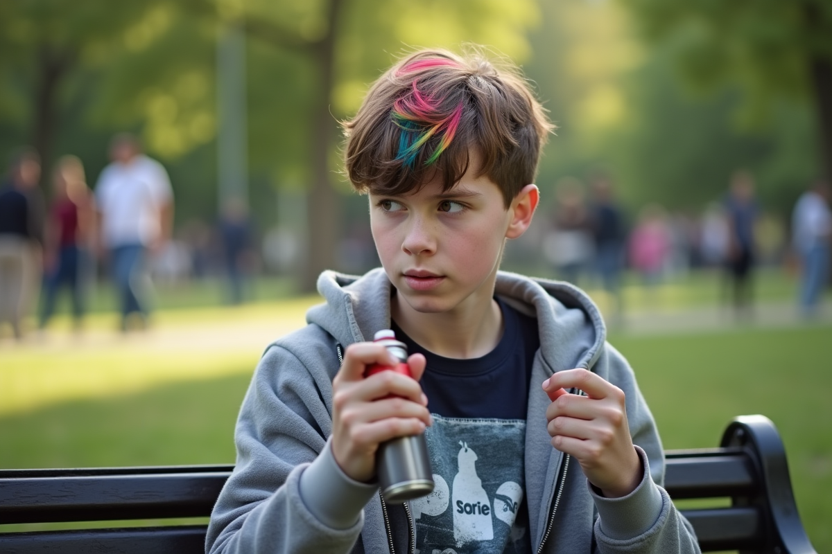 Adolescent regardant sa frange colorée dans un miroir en plein air