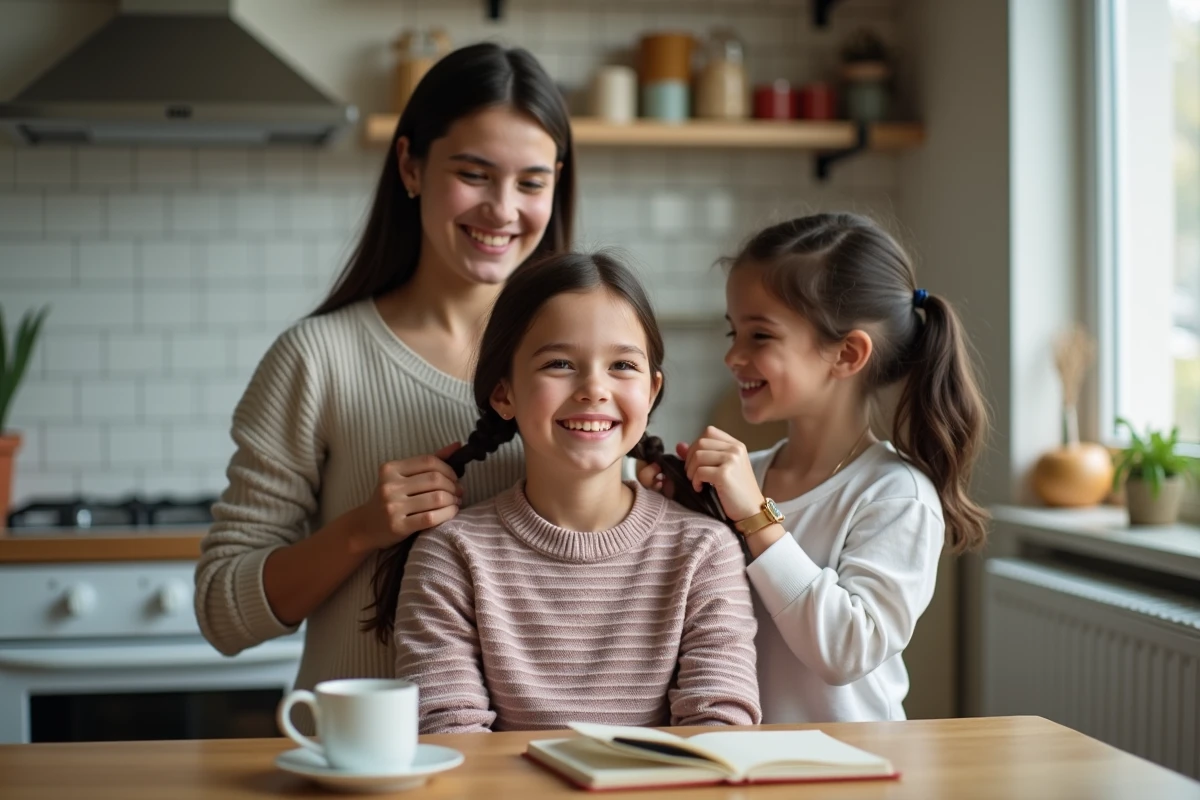 Adolescente se faisant tresser les cheveux par sa sœur dans la cuisine