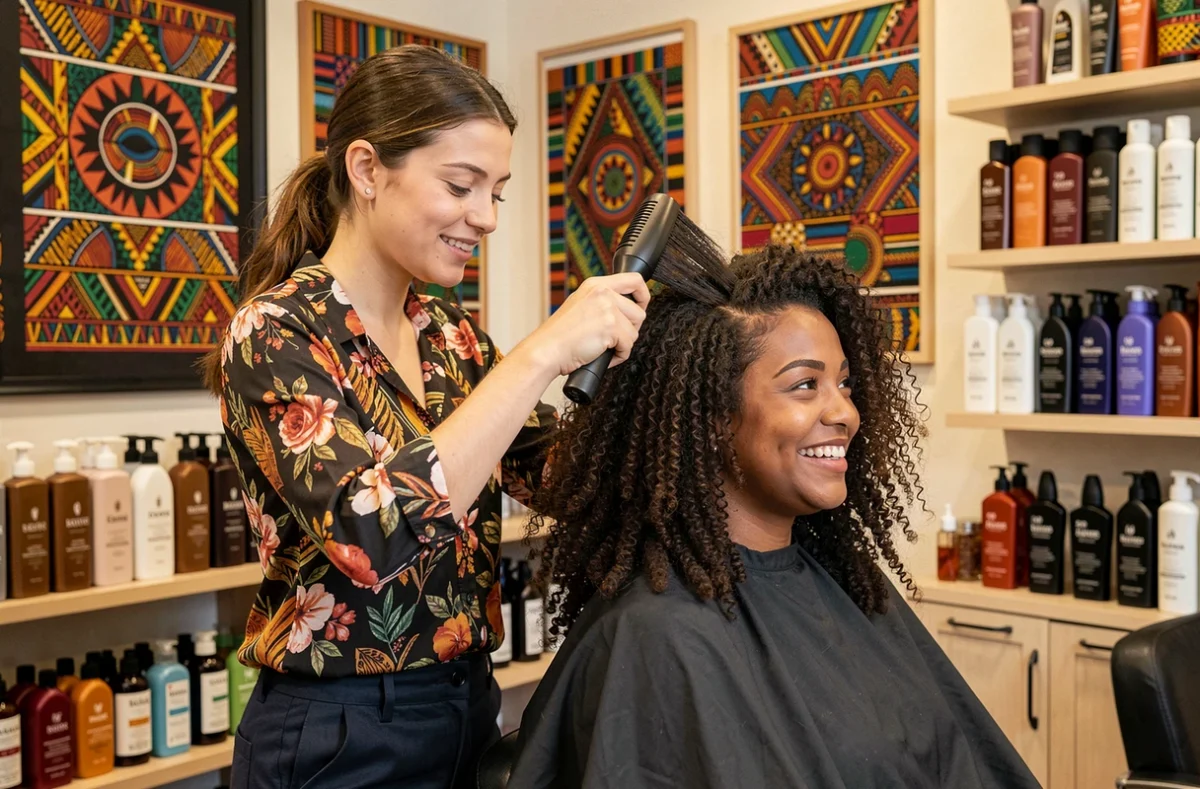 Coiffeuse du salon Ansara Coiffure à Tours réalisant un brushing sur une cliente aux cheveux bouclés dans un espace aux influences culturelles riches