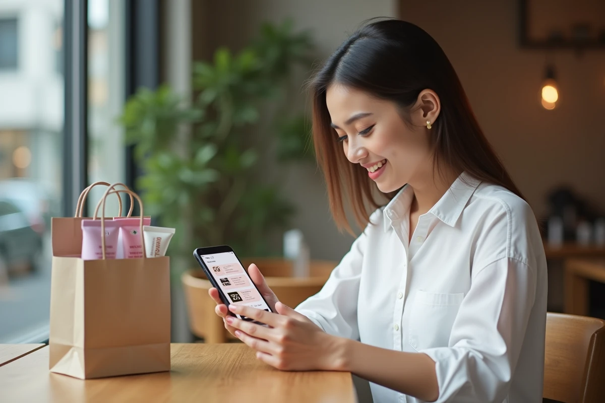 Femme consultant son application de programme de fidélité beauté sur smartphone avec ses achats Ulta
