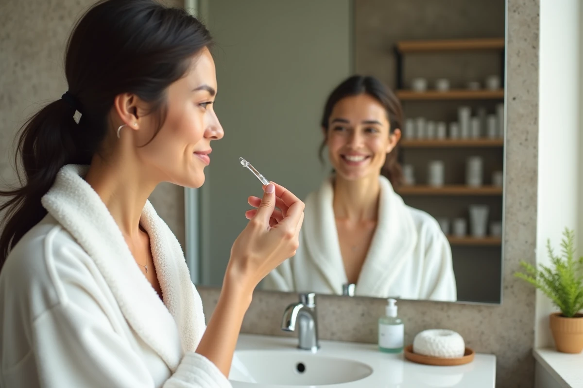 Femme appliquant un sérum Typology au pipette dans une salle de bain minimaliste aux murs en béton