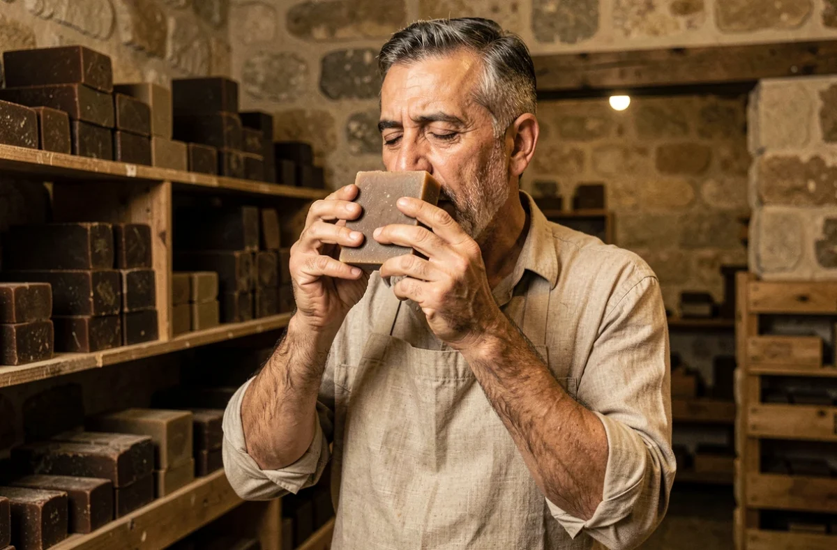 Artisan syrien inspectant l'odeur d'un savon d'Alep traditionnel dans un atelier authentique