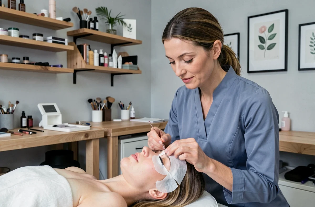 Application de extensions de cils à l'Institut L'Atelier de Beauté à Toulouse dans un cadre atelier moderne