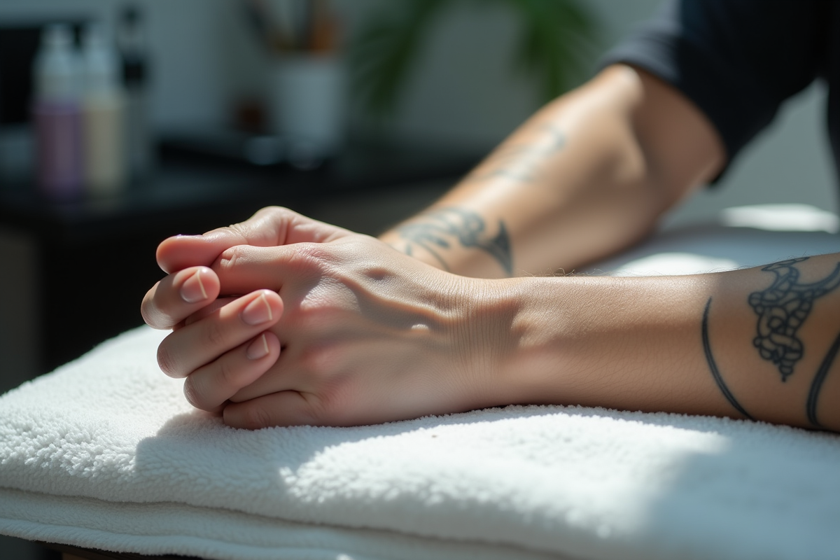Avant-bras propre et sans tatouage dans studio de tatouage lumineux