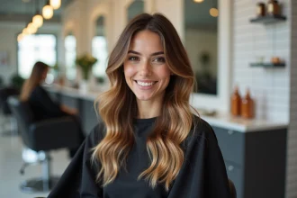 Femme aux cheveux châtain foncé avec balayage blond doré réalisé en salon de coiffure professionnel