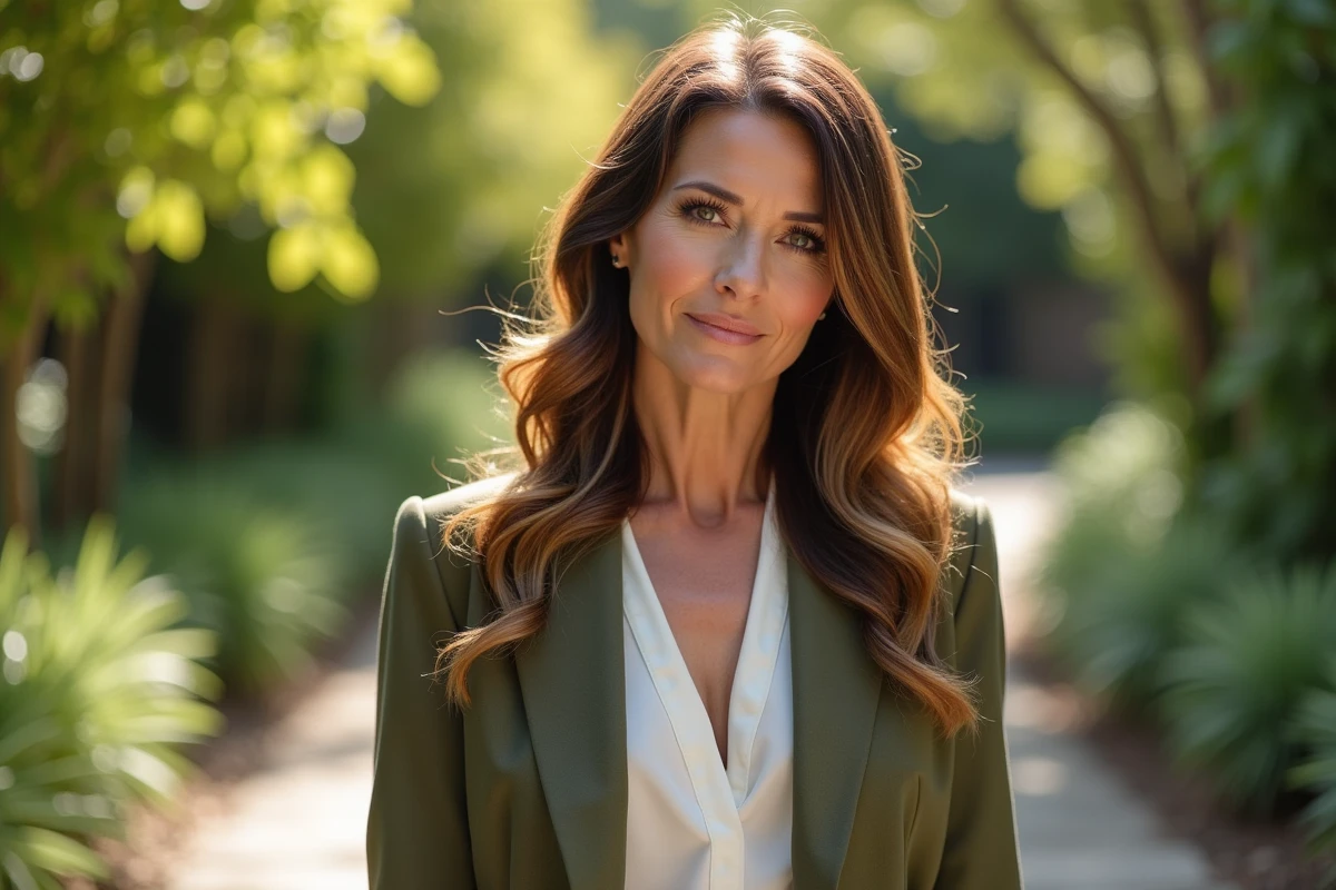 Femme brune de 50 ans avec balayage doré camouflant les cheveux blancs, coiffure en ondulations naturelles dans un jardin botanique en extérieur