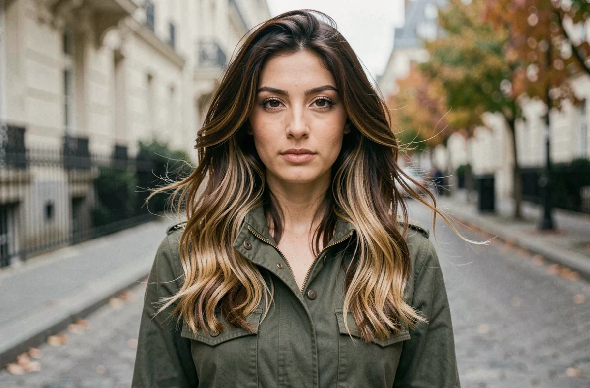 Jeune femme brune avec balayage miel discret dans une rue pavée parisienne en automne