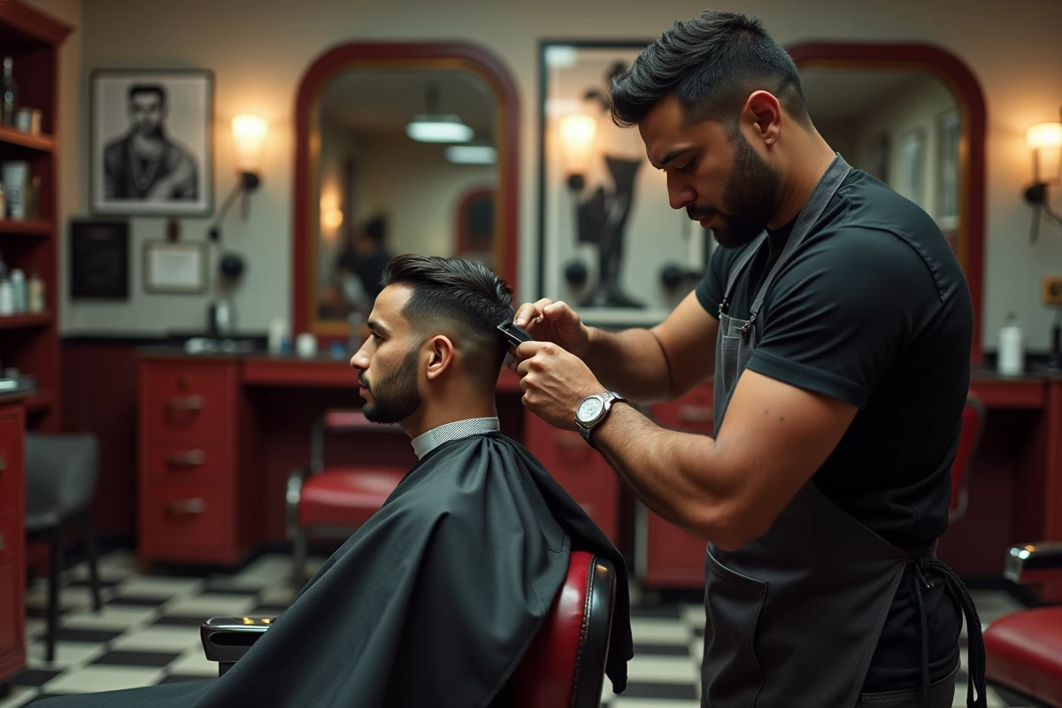 Barbier hispanique réalisant une coupe fade taper sur un client dans un salon de coiffure rétro avec fauteuil en cuir rouge