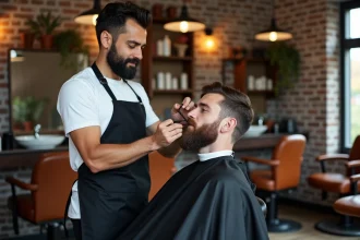 Barbier professionnel taillant une barbe courte dans un salon de coiffure moderne au décor vintage