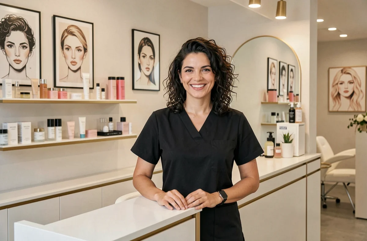 Esthéticienne souriante au comptoir d'accueil du salon Beauty Concept Soraya Kerr à Montpellier