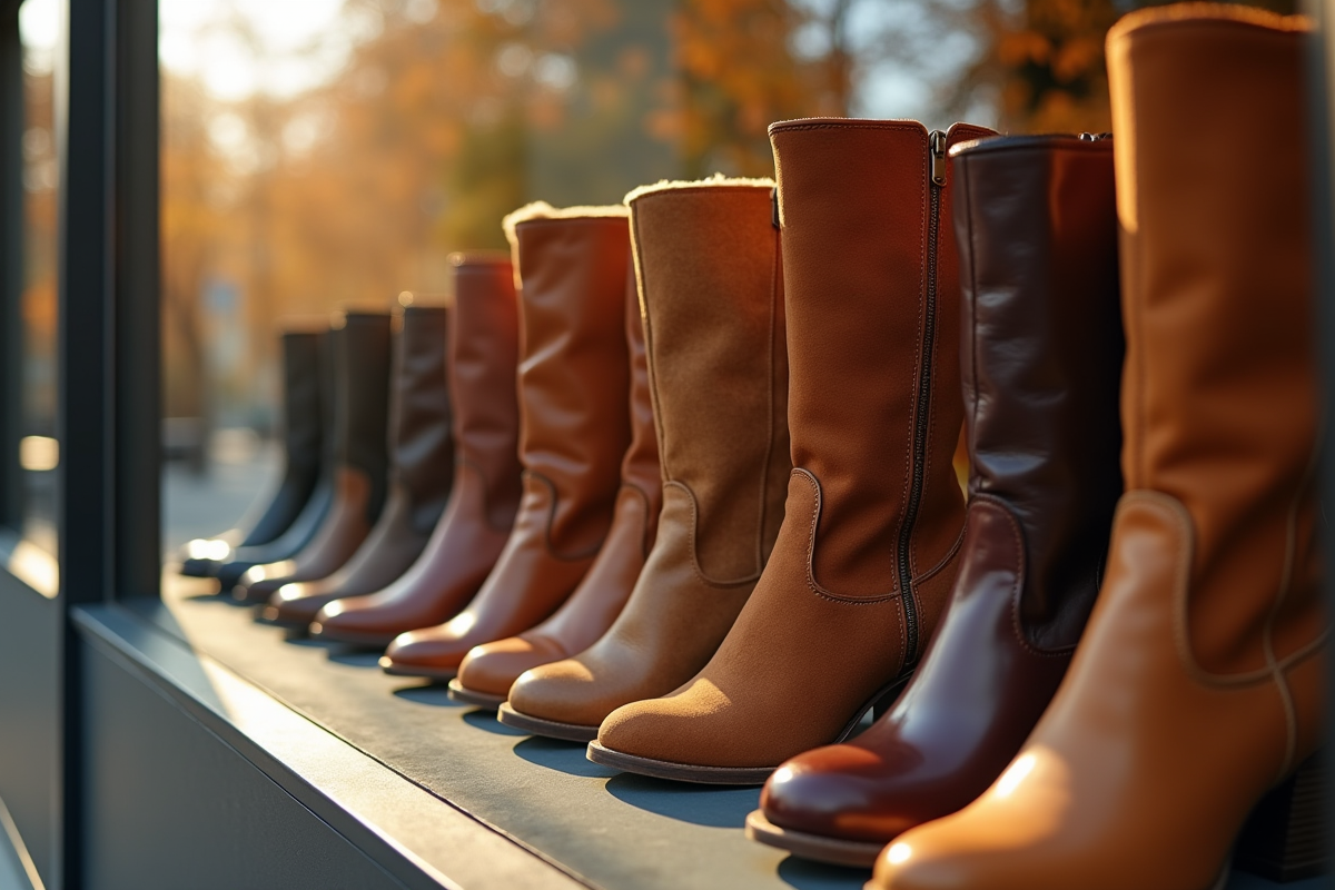Vitrine avec différentes bottes d automne en cuir et daim