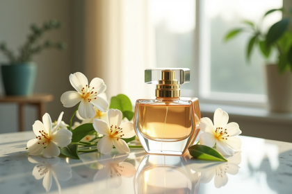 Bouteille de parfum élégante avec capot doré sur un marbre blanc