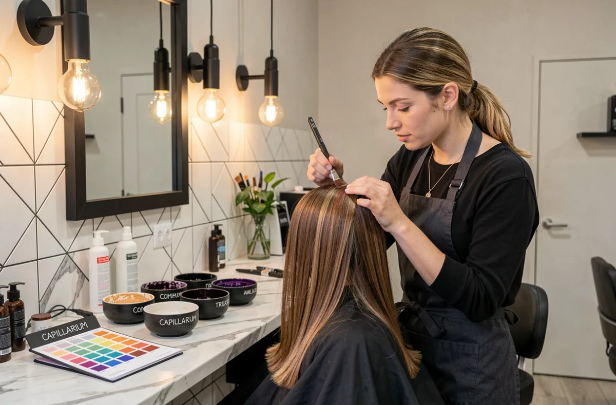 Coloriste du salon Capillarium à Tours appliquant une coloration professionnelle sur une cliente dans un cadre minimaliste élégant