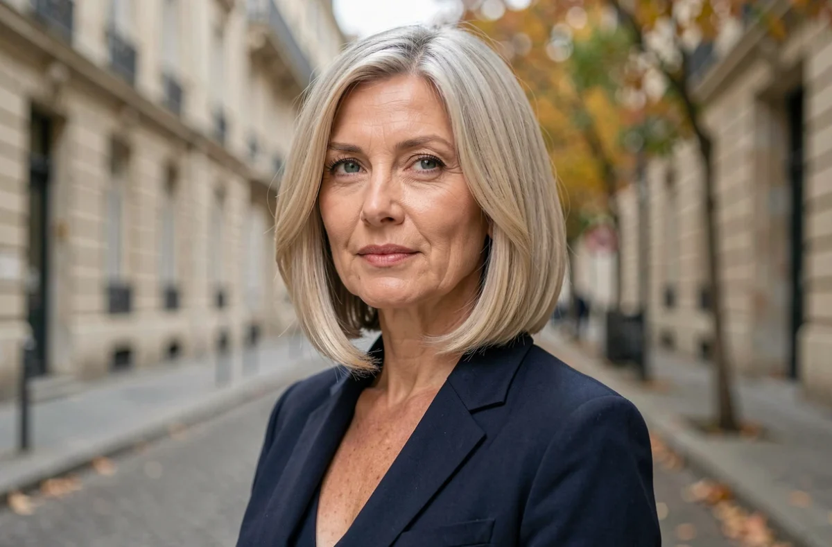 Femme blonde d'une quarantaine d'années avec un carré dégradé classique en extérieur dans une rue haussmannienne en automne