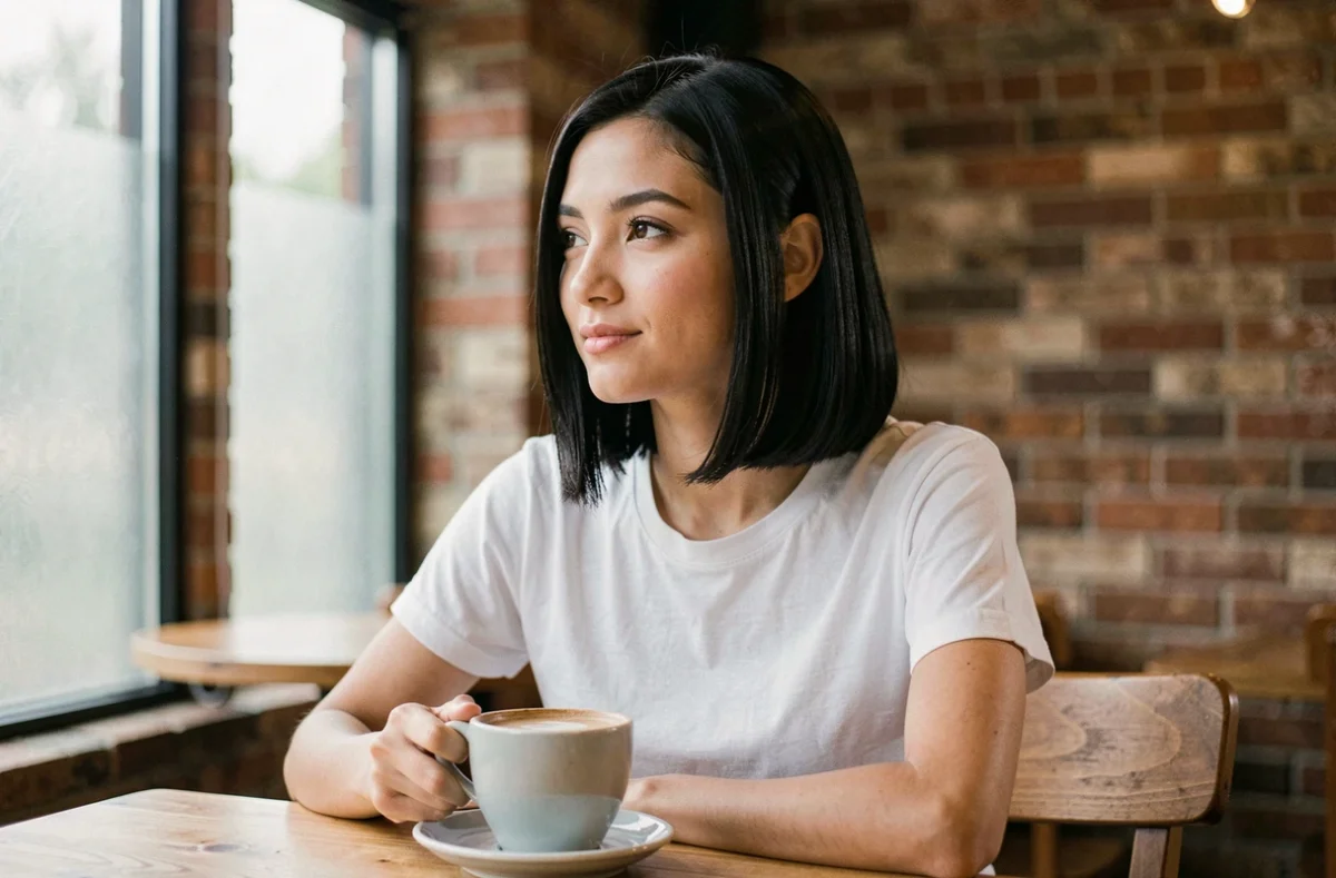 Jeune femme aux cheveux noirs avec une coupe carré dégradé courte assise dans un café avec murs en briques apparentes