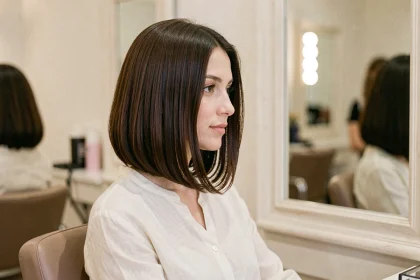 Femme aux cheveux châtains avec une coupe au carré dégradé vue de trois quarts dans un salon de coiffure parisien