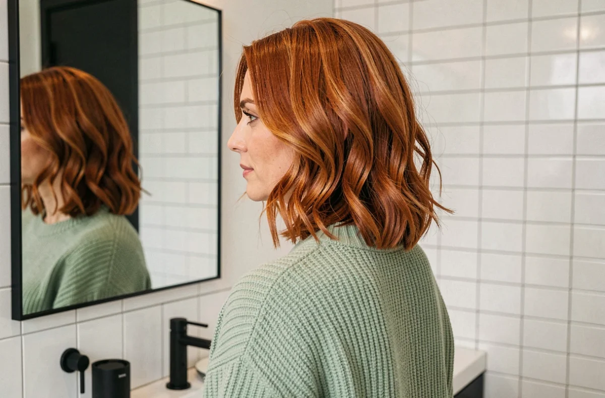 Femme aux cheveux roux ondulés avec un carré dégradé devant un miroir dans une salle de bain moderne aux carreaux zellige blancs