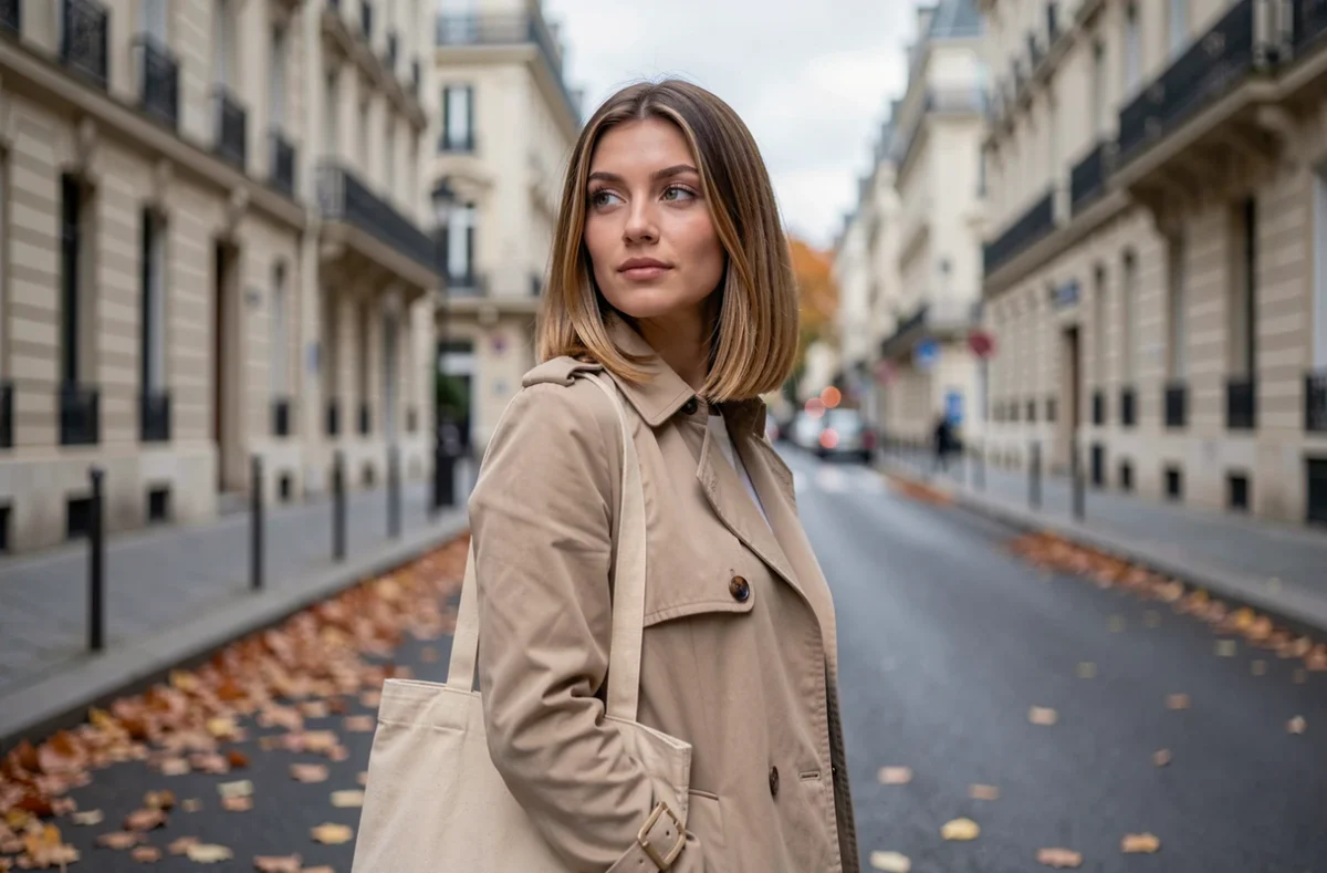 Femme avec un carré plongeant dégradé sur cheveux fins dans une rue parisienne en automne