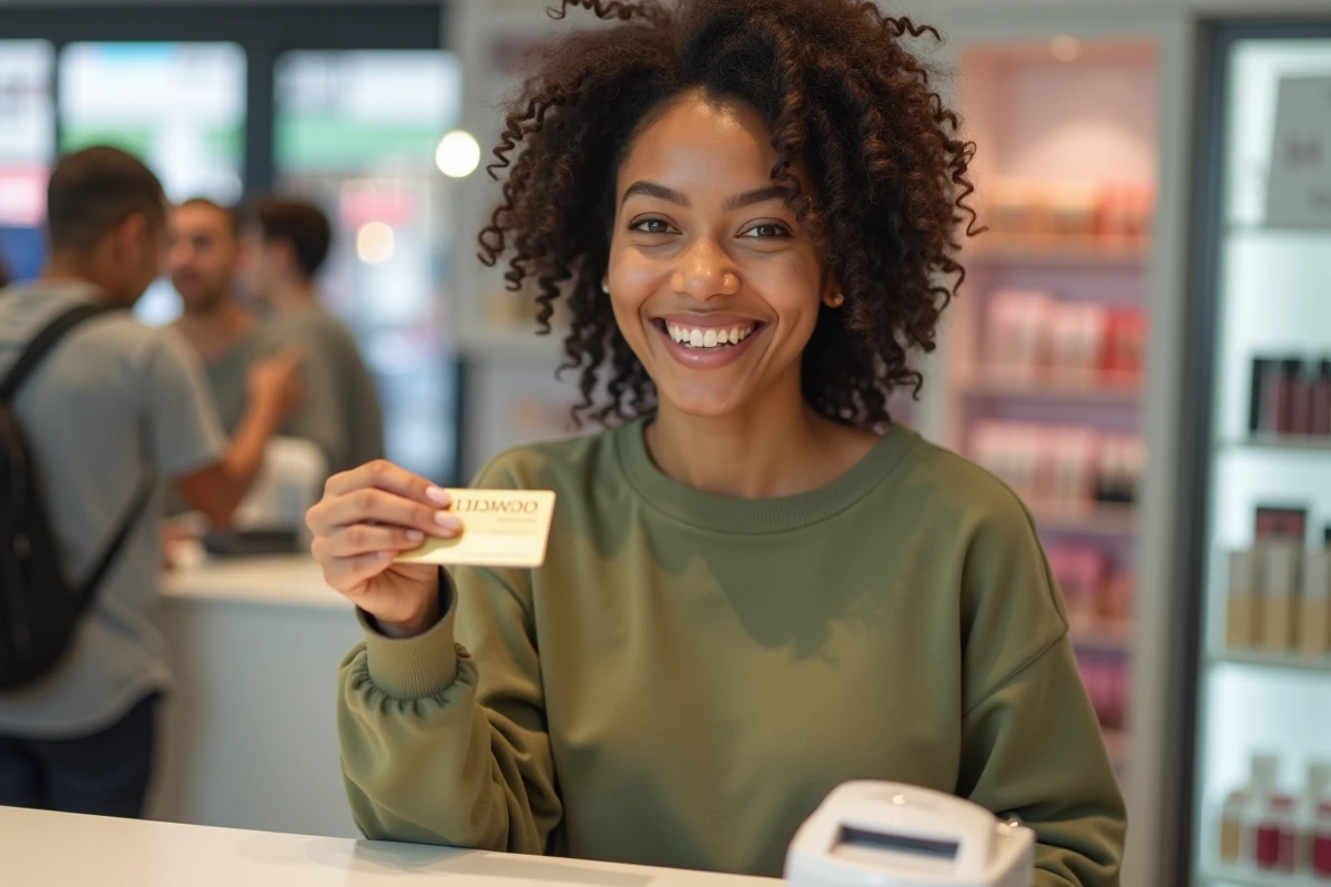 Femme souriante tenant une carte de fidélité Ulta à la caisse d'une boutique beauté