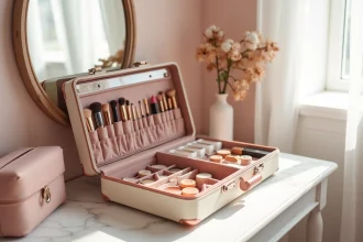 Case vanity ouverte sur une coiffeuse en marbre blanc, révélant un rangement de maquillage parfaitement organisé avec palettes, pinceaux et rouges à lèvres