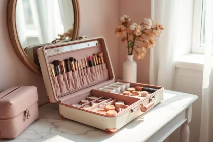 Case vanity ouverte sur une coiffeuse en marbre blanc, révélant un rangement de maquillage parfaitement organisé avec palettes, pinceaux et rouges à lèvres