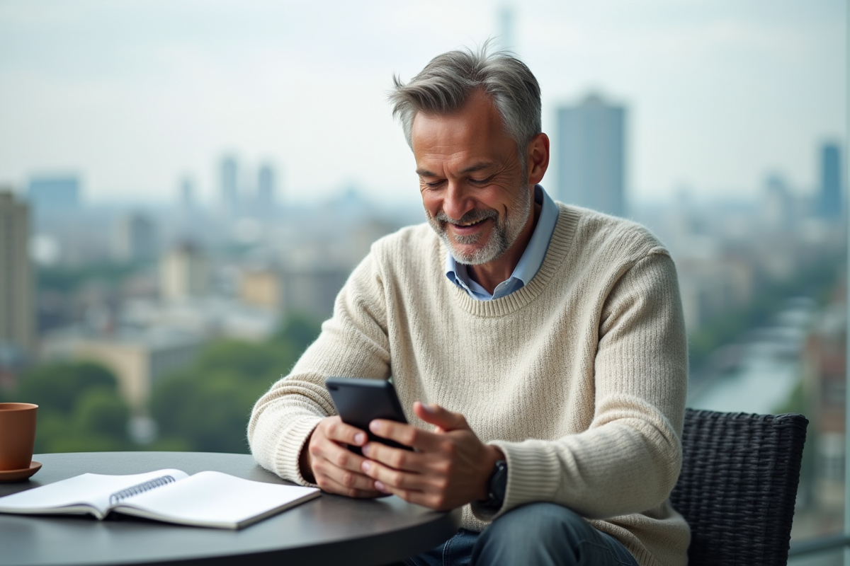 Célébrité détendue sur balcon avec skyline urbain