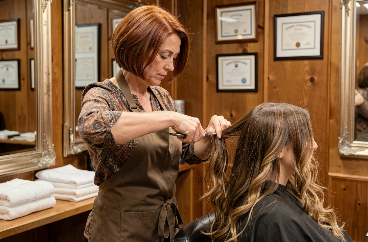 Coiffeuse réalisant une coupe de cheveux dans le salon Christophe Coiffure à Saint-Bonnet-le-Château