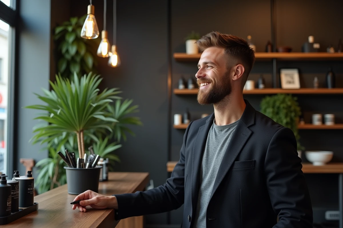 Jeune homme examine produits de grooming dans un salon