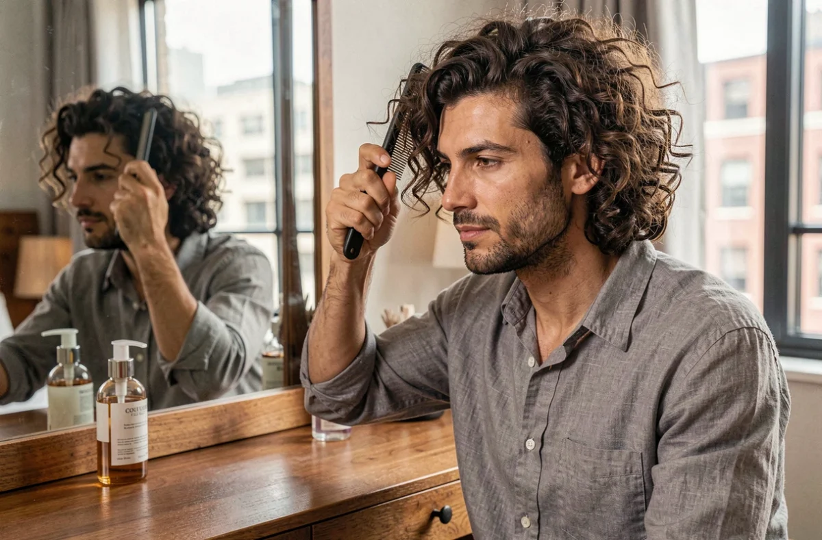 Homme aux boucles volumineuses se coiffant avec un peigne à larges dents devant un miroir de coiffeuse dans une chambre moderne