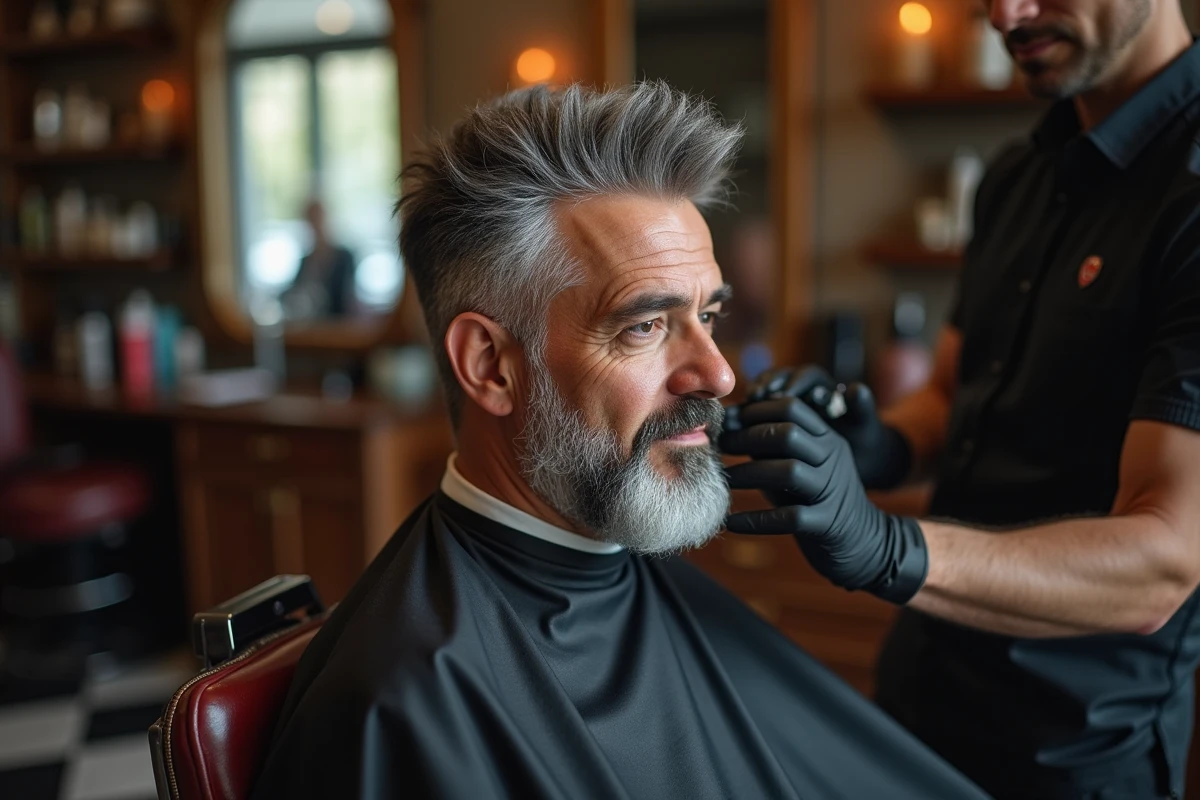 Coiffeur professionnel appliquant une teinture sur les cheveux poivre et sel d'un homme en salon de coiffure
