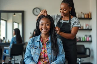 Jeune femme noire coiffée de tresses africaines dans un salon