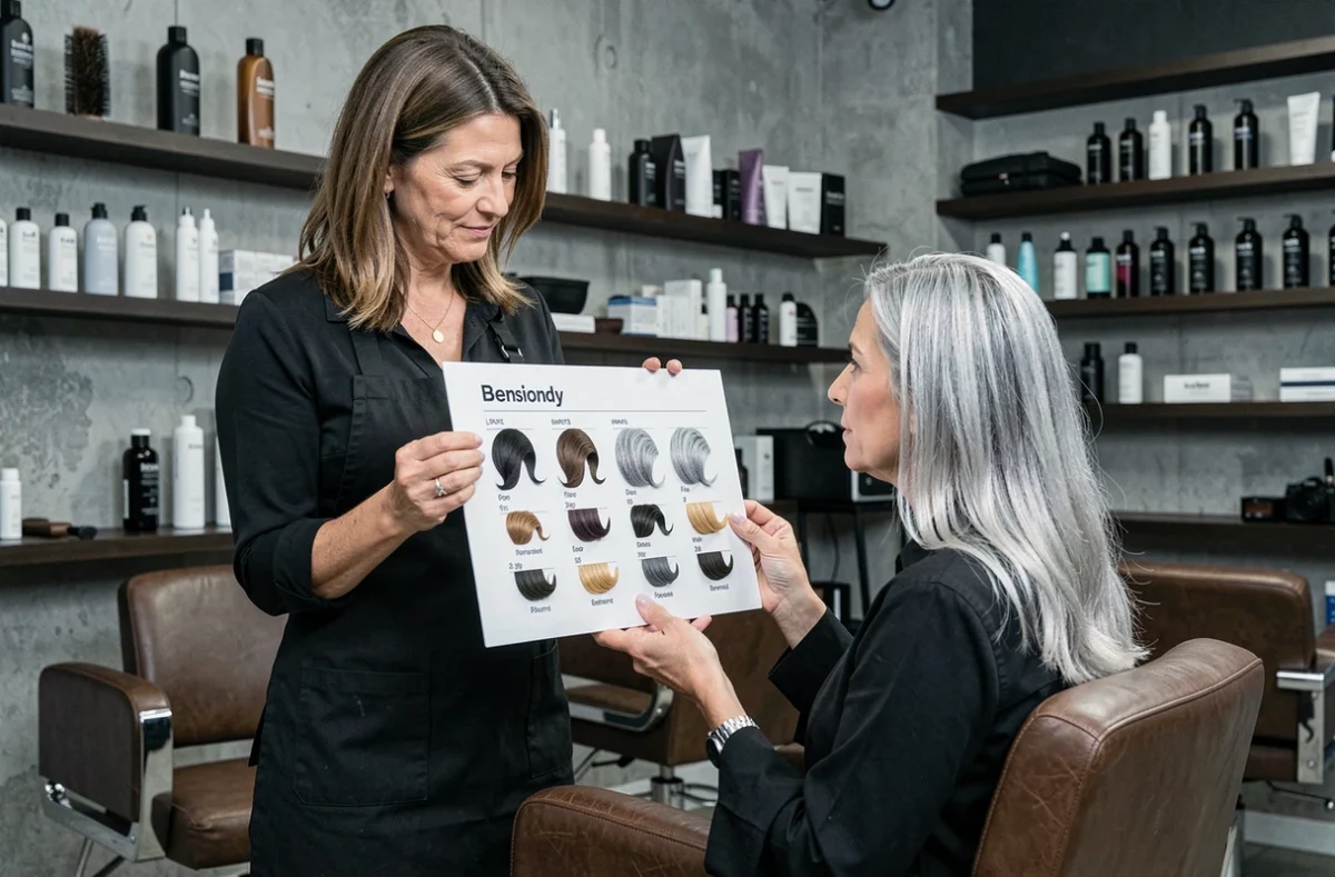Coiffeuse et cliente examinant une palette de nuanciers pour planifier une transition progressive vers les cheveux blancs en salon de coiffure moderne