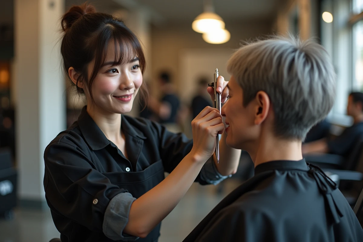 Jeune coiffeuse appliquant une coloration sur une cliente âgée