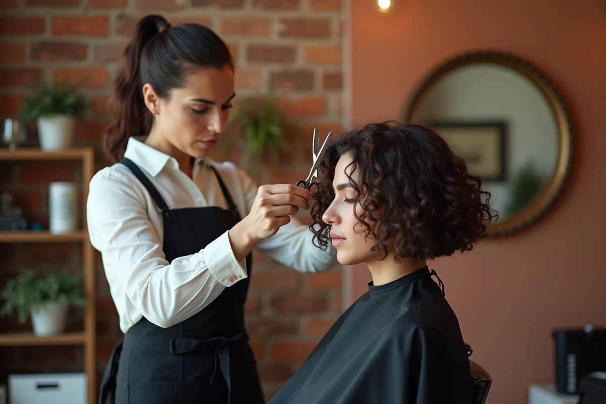 Coiffeuse professionnelle réalisant une coupe carré dégradée sur cheveux bouclés