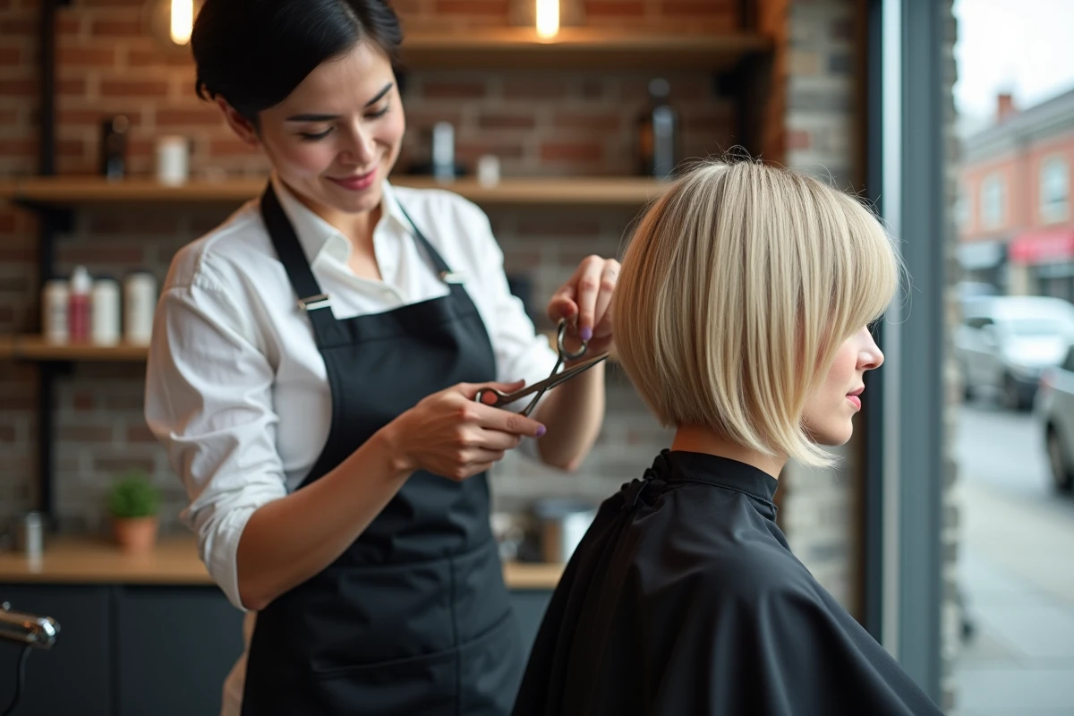 Coiffeuse professionnelle réalisant une coupe dégradée mi-longue sur une cliente dans un salon moderne
