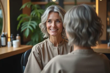 Femme d'âge moyen avec cheveux gris dans un salon moderne