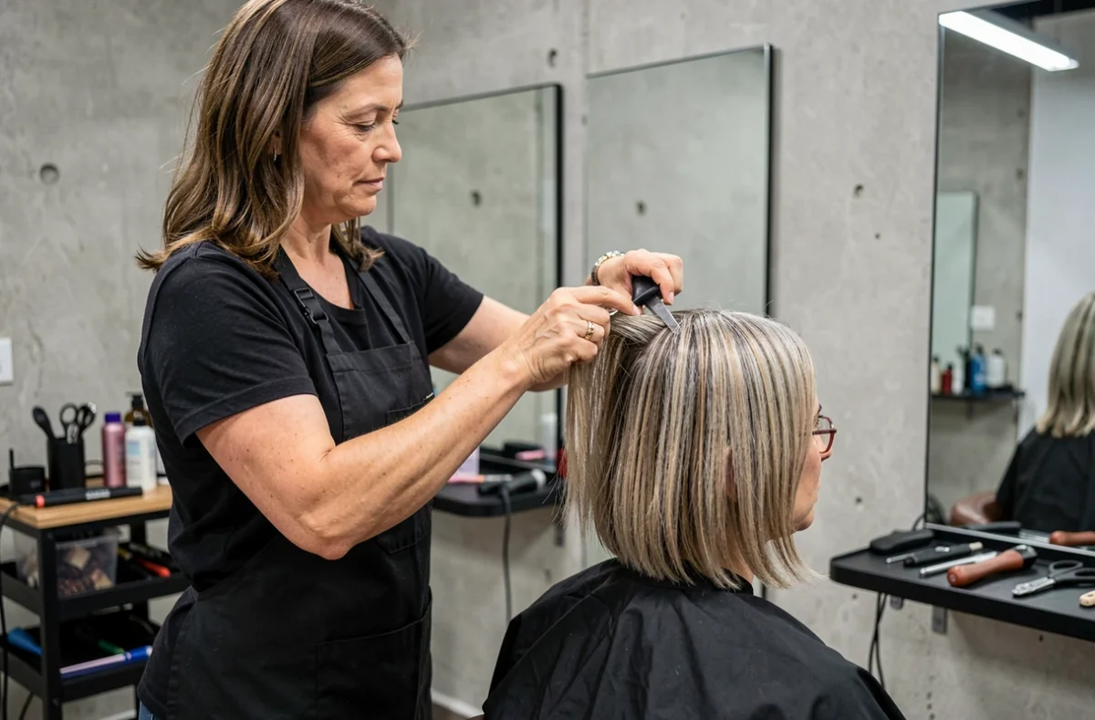 Coiffeuse réalisant un carré plongeant dégradé sur cheveux fins dans un salon moderne