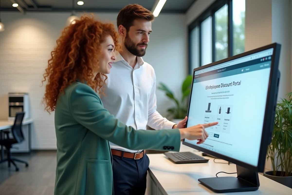 Deux collègues L'Oréal découvrant ensemble le nouveau site de vente au personnel en entreprise