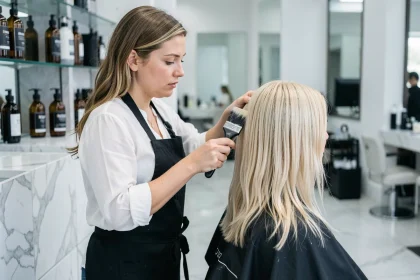 Coloriste professionnelle appliquant une patine tonifiante sur cheveux blonds décolorés dans un salon de coiffure moderne