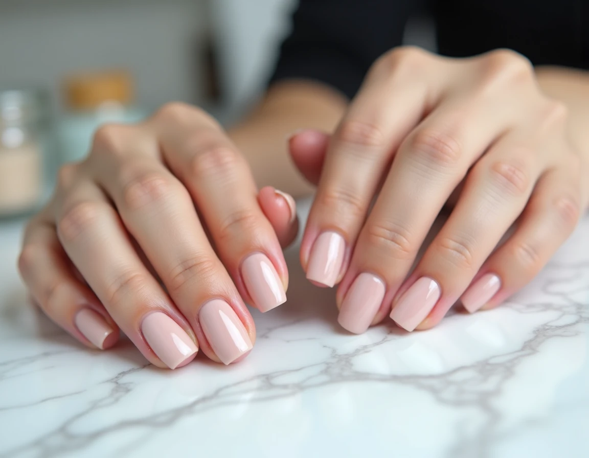 Comparaison entre un ongle correctement pincé et un ongle mal pincé en gel nude sur fond de marbre blanc