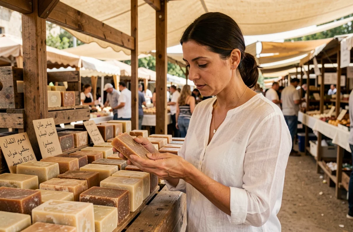 Femme comparant des savons d'Alep sur un marché pour identifier les indices visuels d'authenticité