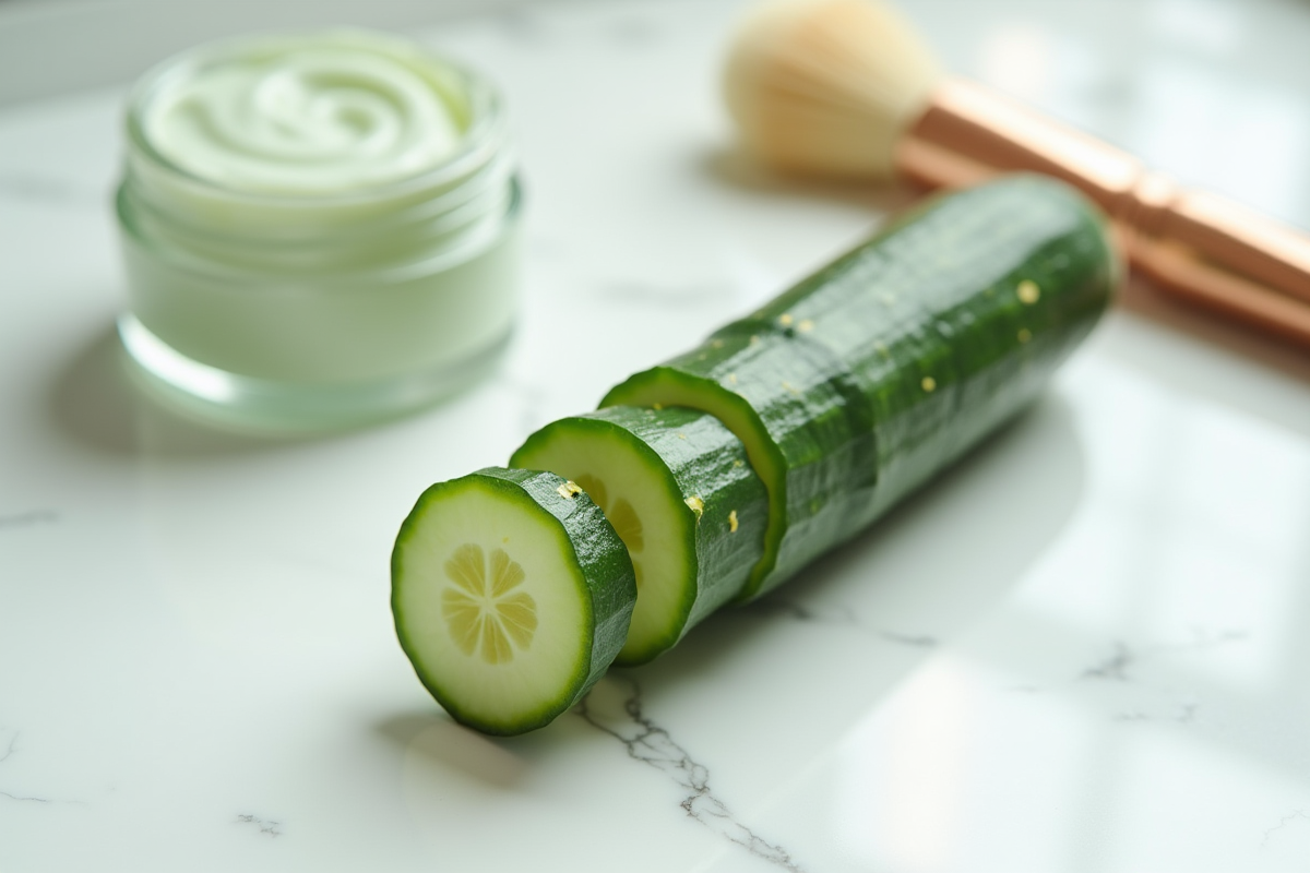 Tranche de concombre vert vif avec gel et pinceau sur marbre blanc