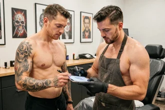 Homme torse nu en consultation avec un tatoueur dans un studio professionnel pour définir un projet de tatouage sur les pectoraux