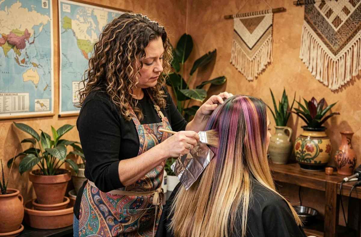 Coiffeuse réalisant un balayage coloré dans le salon Couleurs d'Ailleurs à Saint-Galmier