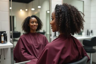Femme aux cheveux bouclés avec une coupe carré dégradée dans un salon de coiffure professionnel
