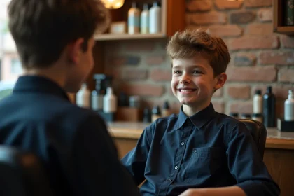 Jeune adolescent en uniforme scolaire dans un salon de coiffure moderne, reflété dans un miroir, découvrant sa nouvelle coupe stylée pour la rentrée