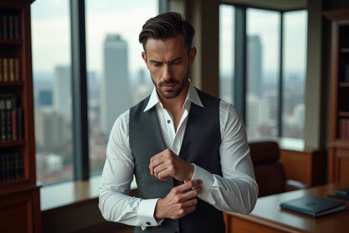 Homme style mafieux cheveux mi-longs avec coiffure côté dans un bureau élégant vue sur la ville