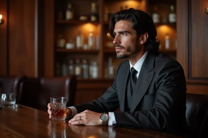 Homme aux cheveux mi-longs style mafieux italien en costume sombre dans un bar élégant