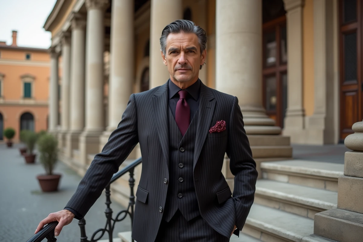 Coupe de cheveux mafioso élégante homme italien aux tempes argentées sur escaliers néoclassiques