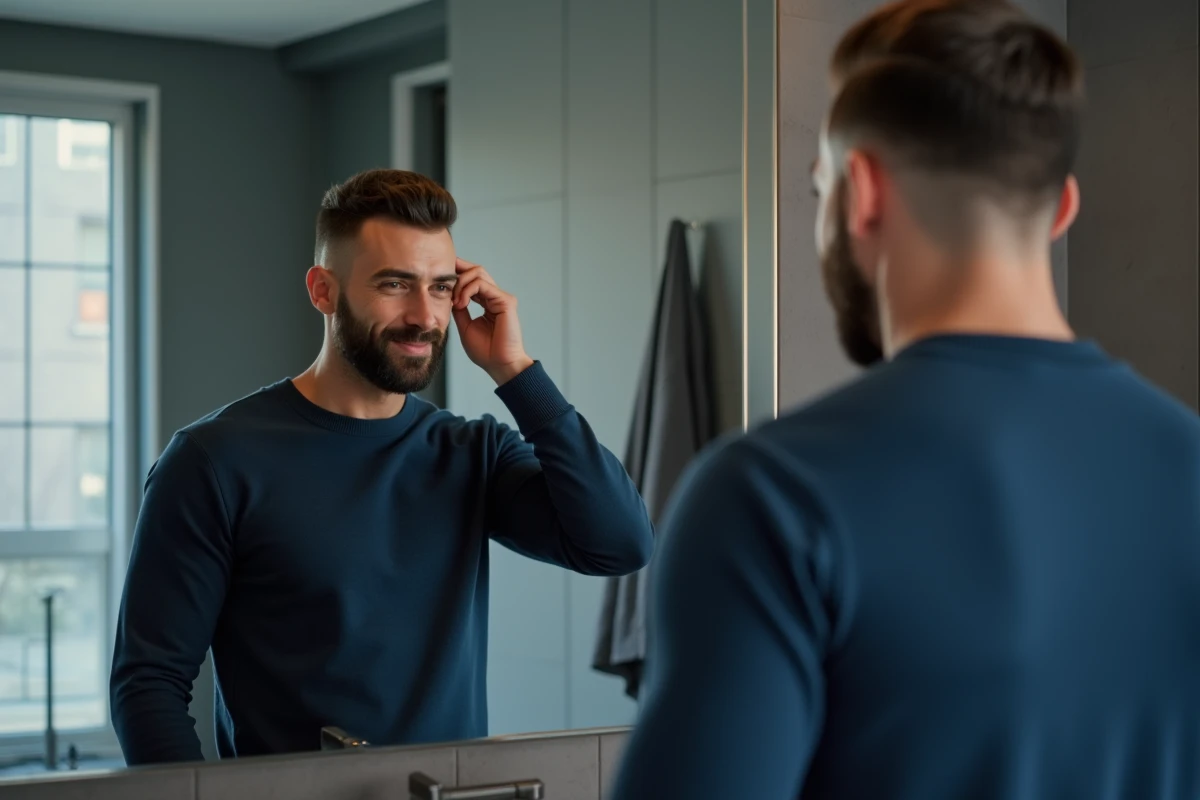 Homme admirant sa coupe taper dans un miroir de salle de bain moderne et minimaliste